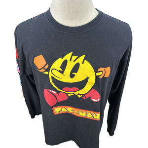 Pac-Man‎ T-Shirt Mens M Vtg Video Game Arcade 70s Black Long Sleeve 80s Bandai